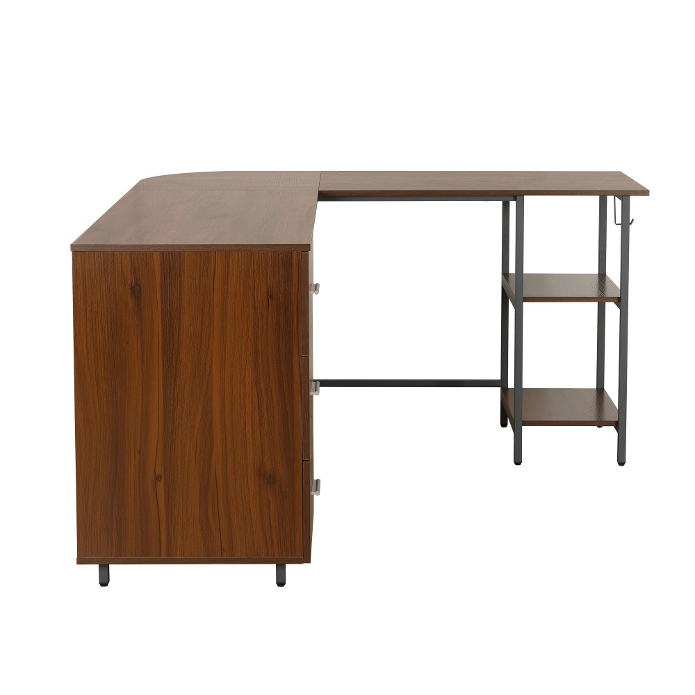 Rustic L-Desk - Engineered Walnut Top - Storage Drawers & Adjustable Shelves