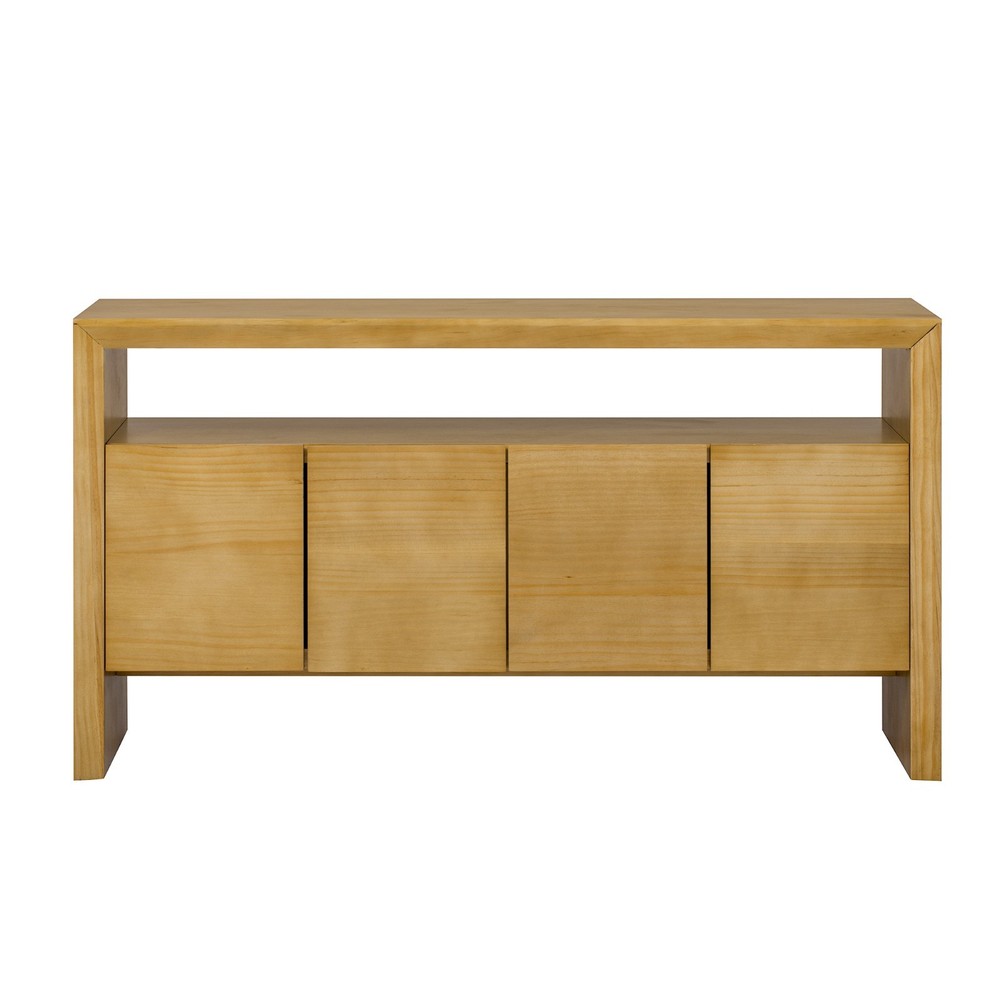 60" Modern Minimalist Solid Wood Veneer Sideboard (4 Doors+Open Shelf, Natural