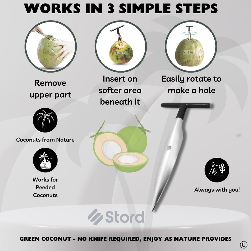 Efficient Coconut Opener - Works With Green & Peeled Coconuts, Compact Design