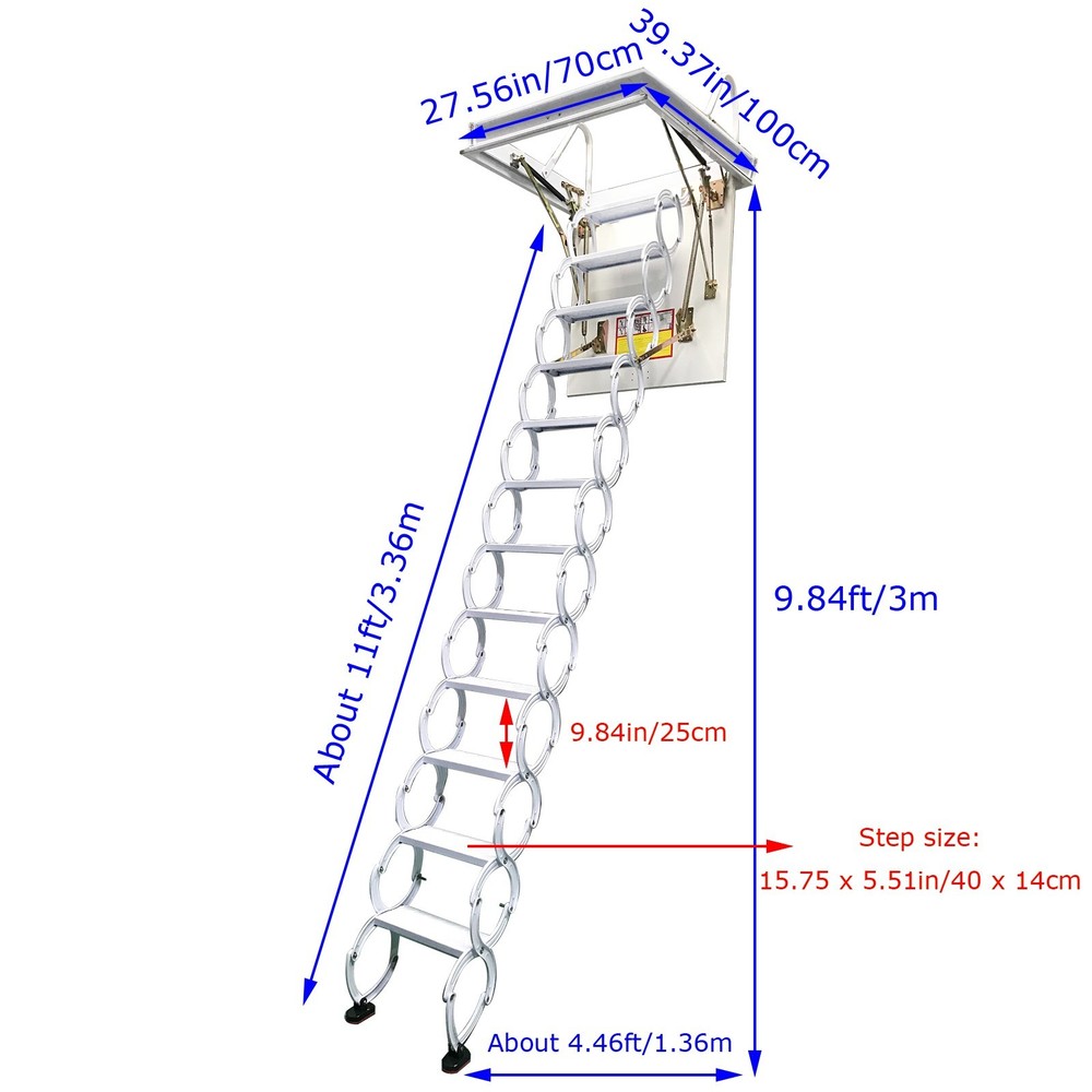 9.84ft Folding Loft Ladder Stairs 12 Steps Attic Pull Down Ceiling Ladder