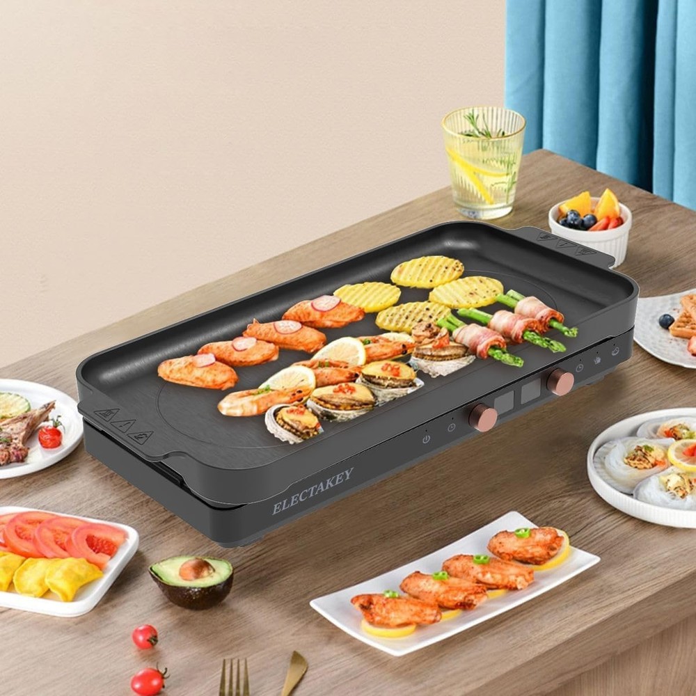 ELECTAKEY Induction Cooktop TWO Burner with Removable Cast Iron Griddle Pan Non