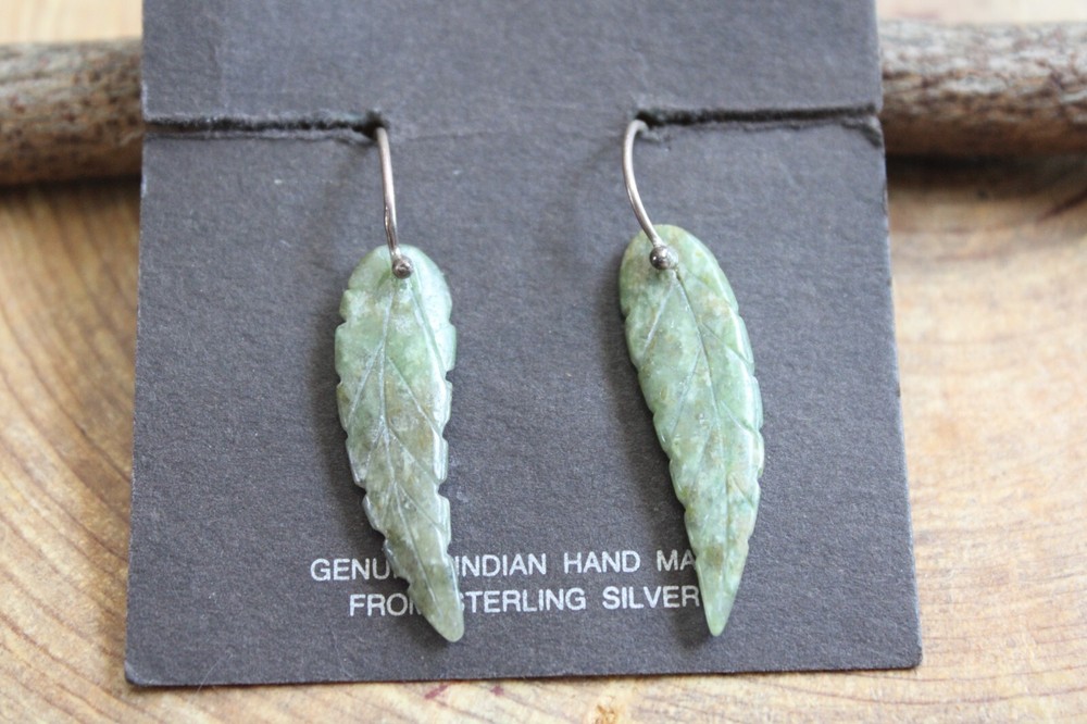 Carved Green Serpentine LEAF & Sterling Silver dangle Earrings