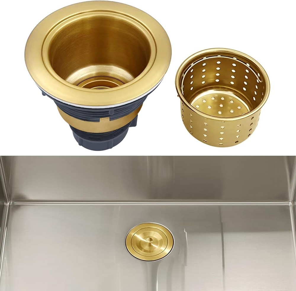 Easy-Install Brushed Gold Kitchen Sink Drain Strainer with Removable Basket