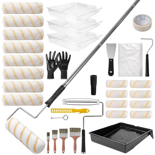 PCS Paint Roller Kit with 4-Section Pole, 9'' Roller Trays, Heavy-Duty 33