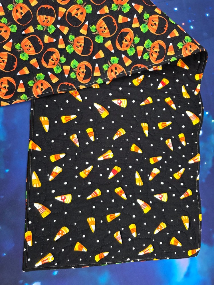 Handmade Quilted Table Runner Halloween Pumpkins candy corn polka dots