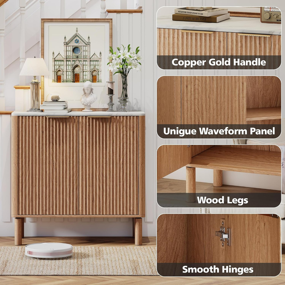 Fluted Cabinet with Storage,Metal Handle,Marble-Pattern Sideboard Buffet Cabinet