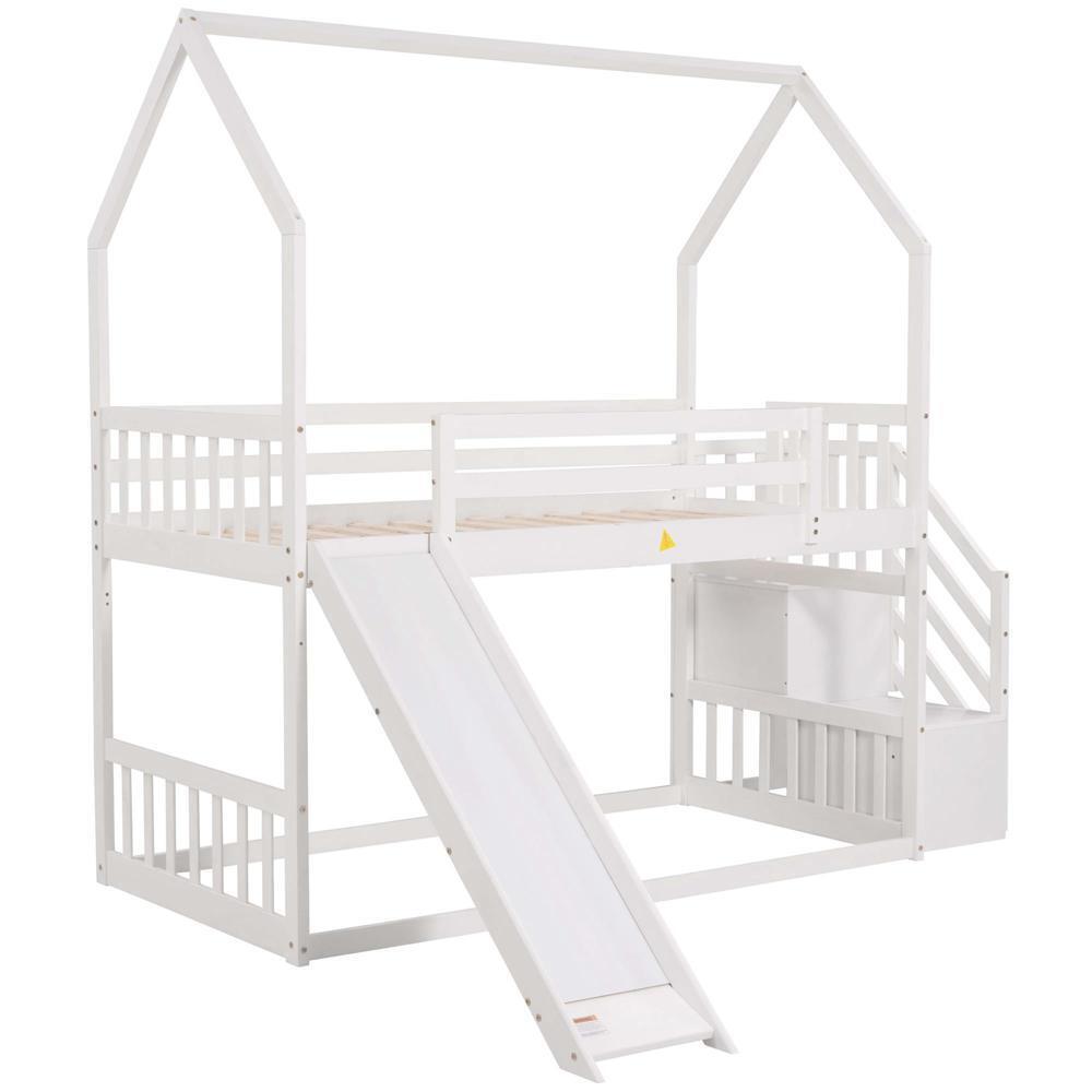 Twin over Twin Bunk Bed with Convertible Slide Staircase Solid Wood Construction