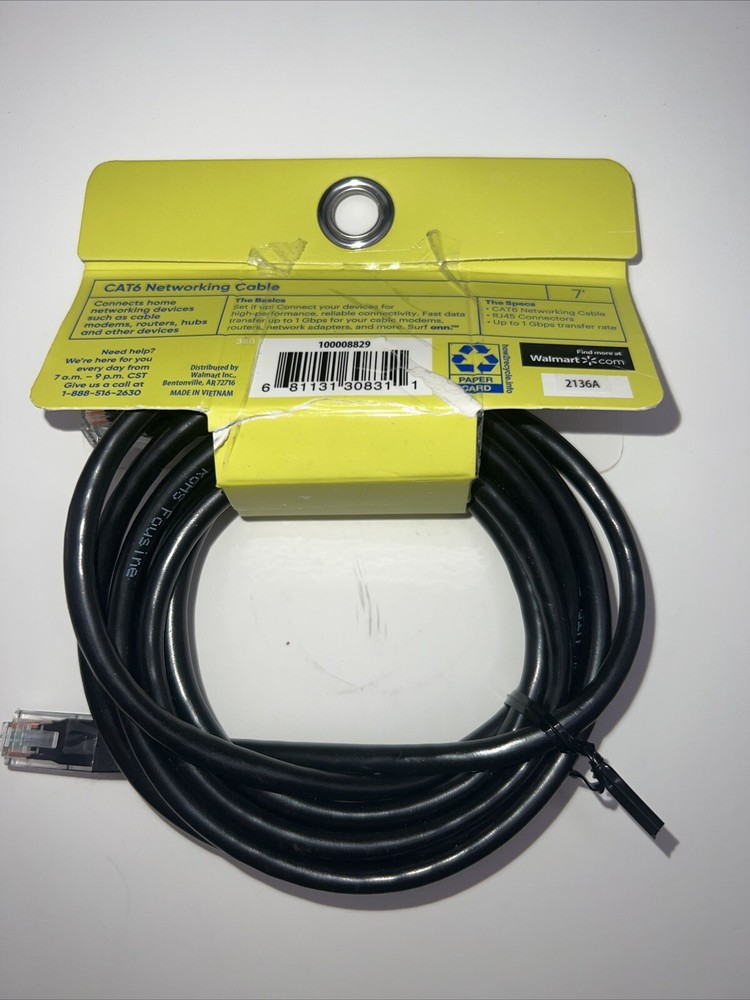 Surf ONN CAT6 Networking Cable 7' Black NEW In Pack