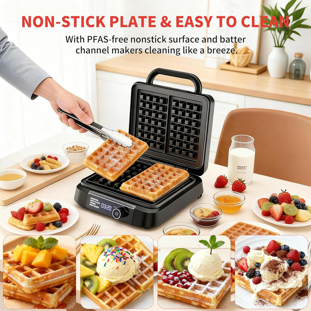 Waffle Maker, 1200W Belgian Waffle Maker, Dual Rectangular Thick Waffle Iron, 7-