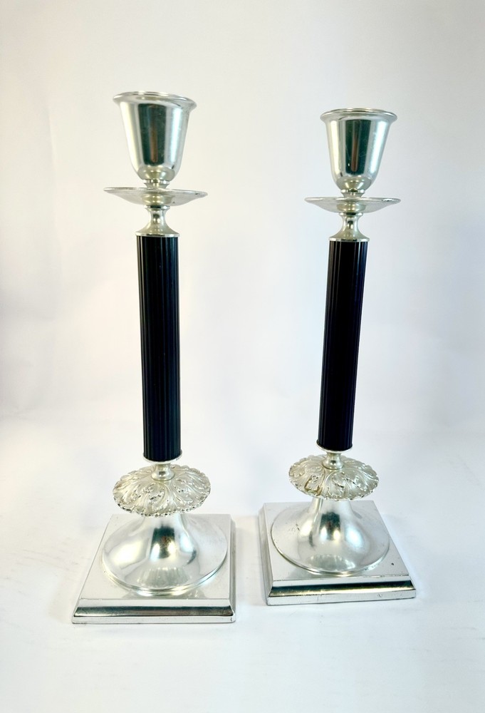 VTG Gorham Silver Plated L/101 Candlestick Pair -Weighted Black Ribbed Stems