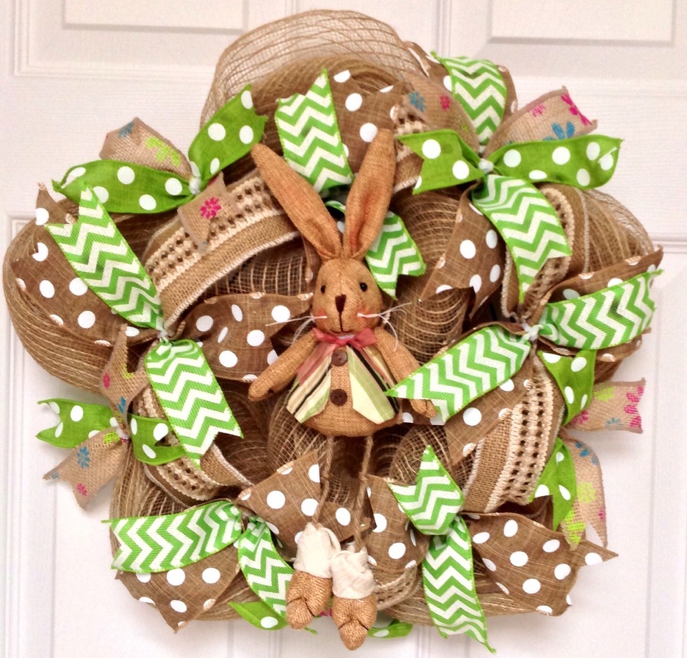 Slim, Narrow  Easter Bunny Handmade Deco Mesh Wreath