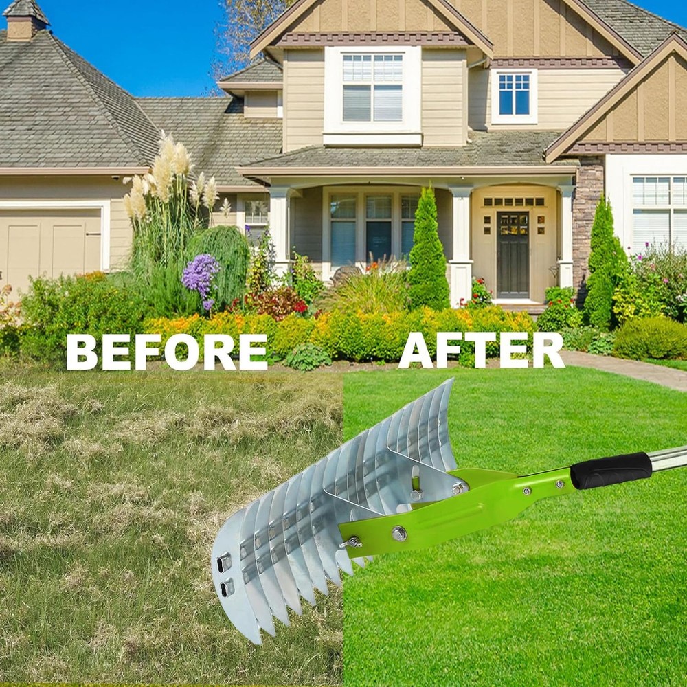 15 Inch Thatch Rake Lawn Dethatcher Dead Grass Remover Adjustable Handle