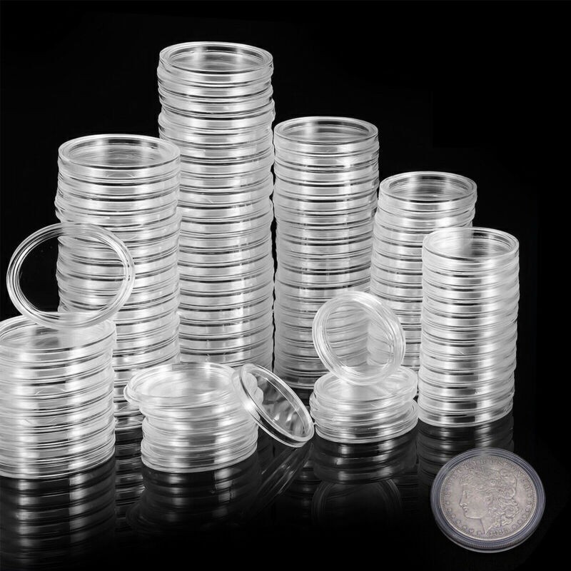 100 Pcs 30mm Clear Coin Capsule Round Plastic Holder Container Storage Box Case