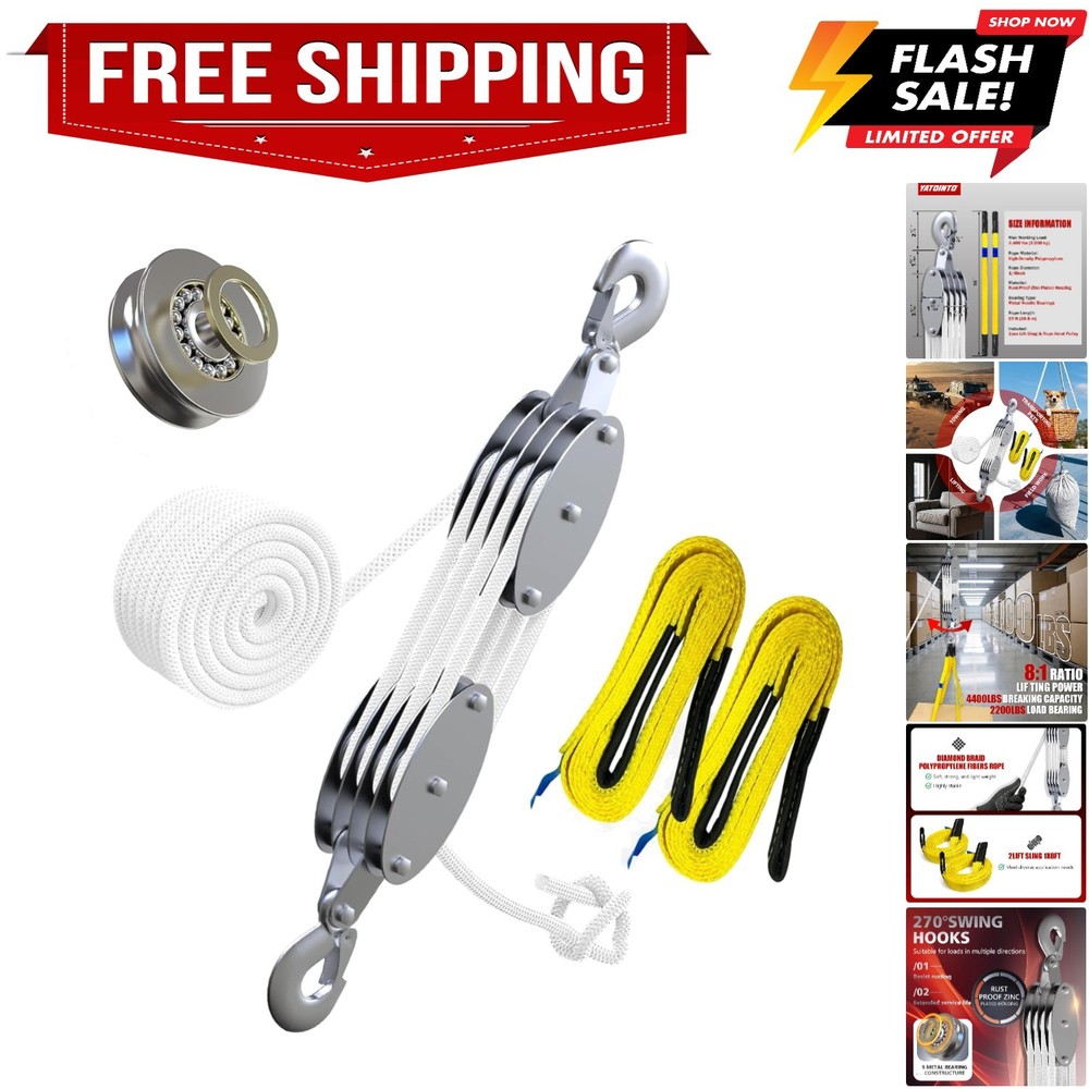 8:1 Pulley Block and Tackle System, Pulley Block 2200LB Loading Capacity, 65f...