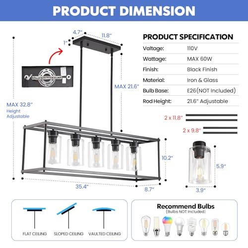 Black Dining Room Light Fixtures Modern Rectangular 5-Light MK404-5(35.4")