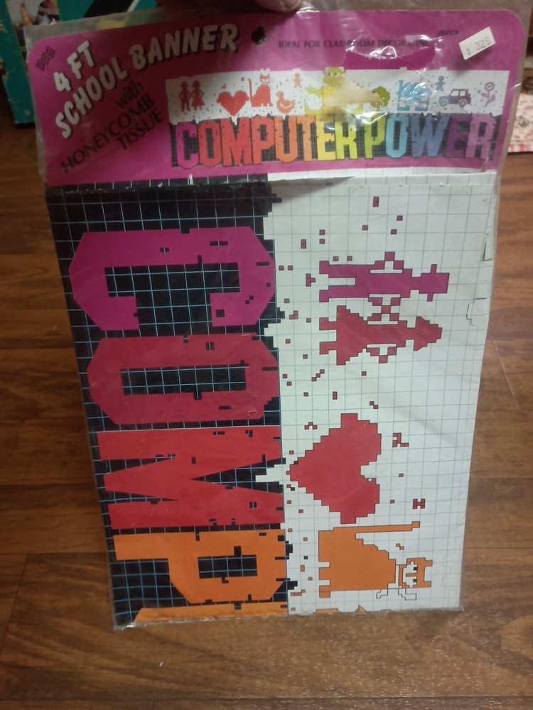 Vintage 1984 4-ft School Banner Computer Power Rainbow Colored