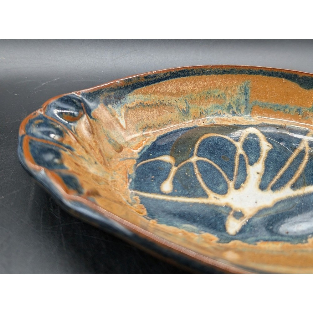 Studio Pottery Abstract Dragonfly Oval Serving Platter Brown Stoneware Chip 9.5"
