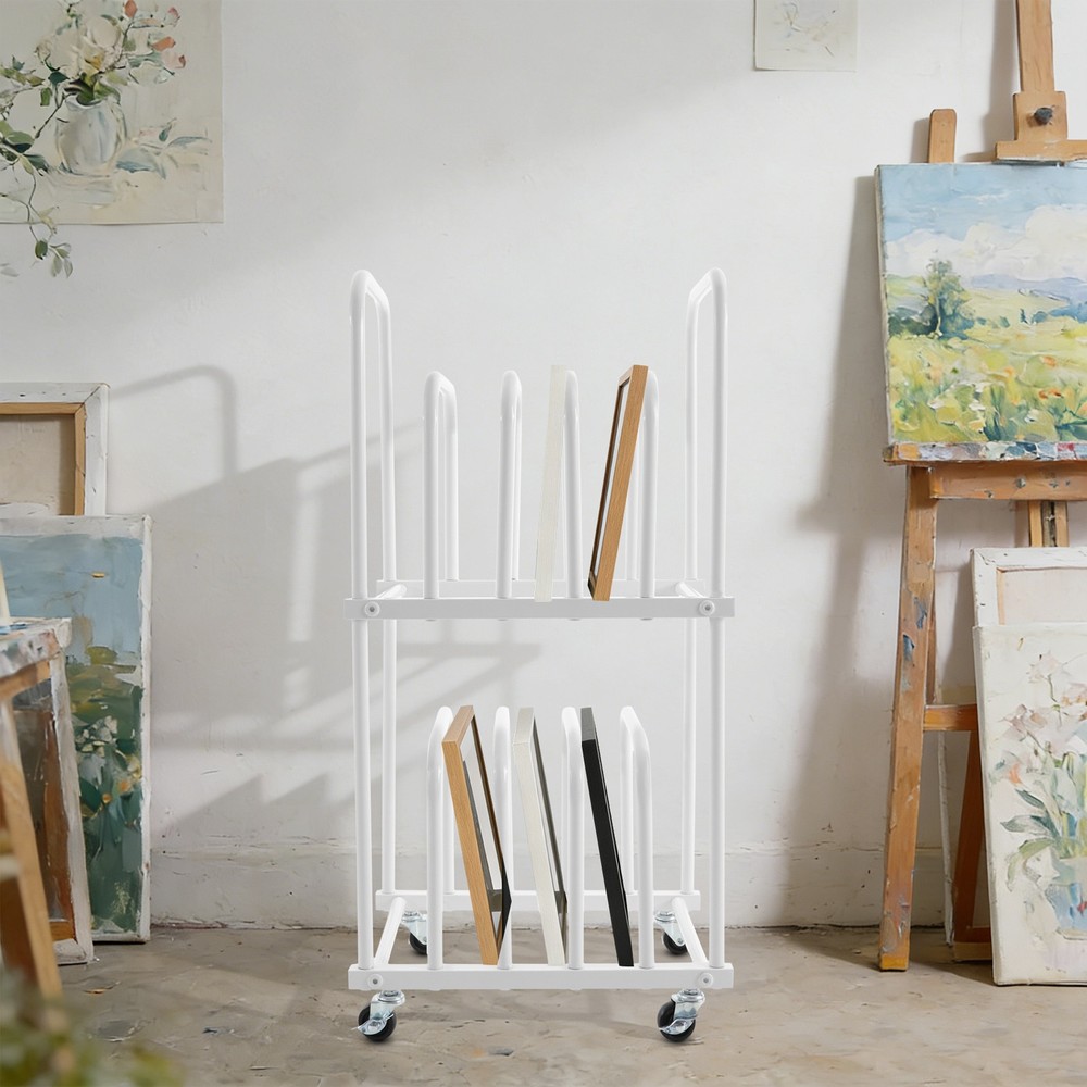 Art Canvas Storage Rack, Double-Tier Rolling Art Canvas Mobile Organizer White