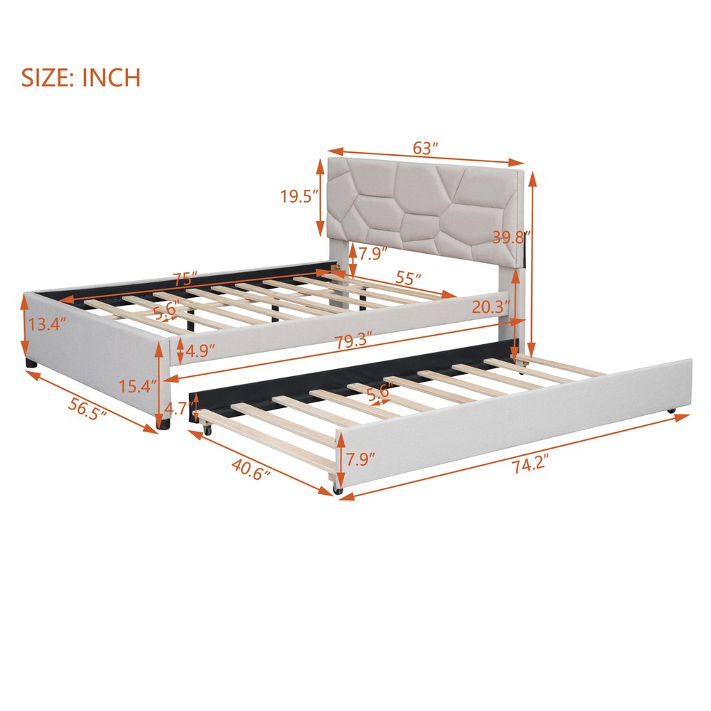 Full/Queen Size Bed Frame Upholstered Platform Bed w/ Headboard Beige/Gray US