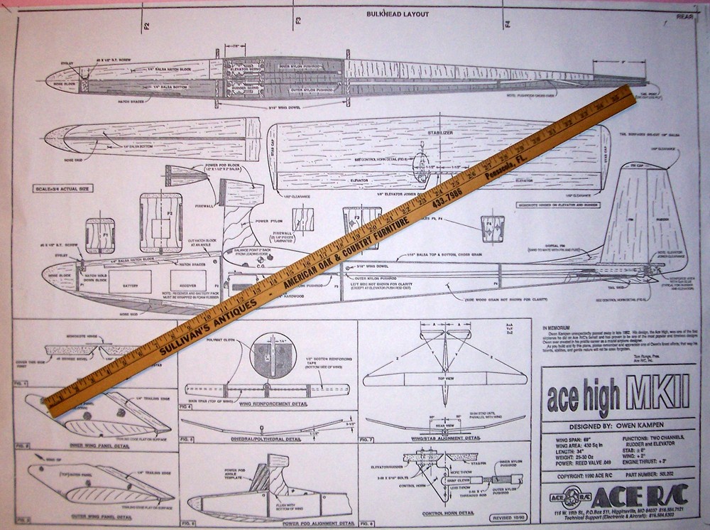 ACE HIGH MK II PLAN + PARTS PATTERNS for a 70" RC Powered Glider Model Airplane