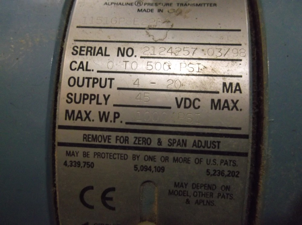 ROSEMOUNT 1151GP8E22B1 PRESSURE TRANSMITTER 1000 PSI MAX WP (815)