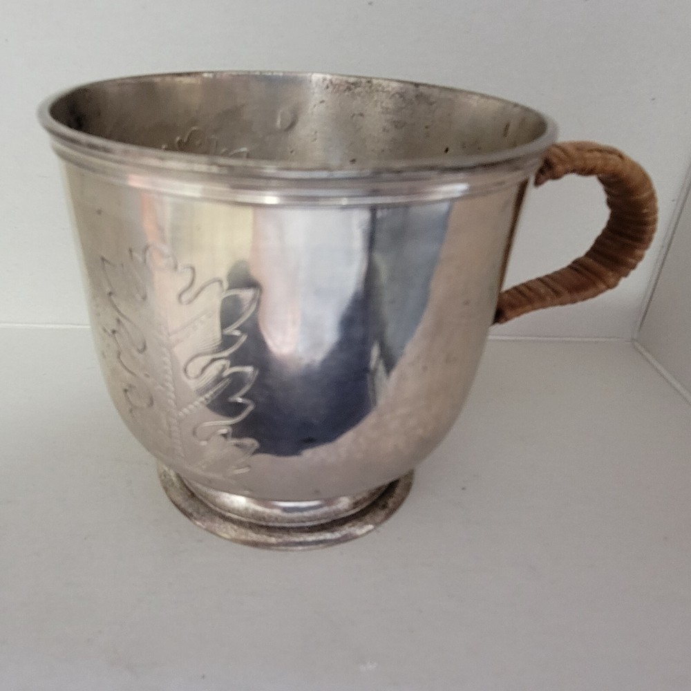 ANTIQUE ART & CRAFTS STERLING SILVER CUP / MUG WITH WICKER HANDLE