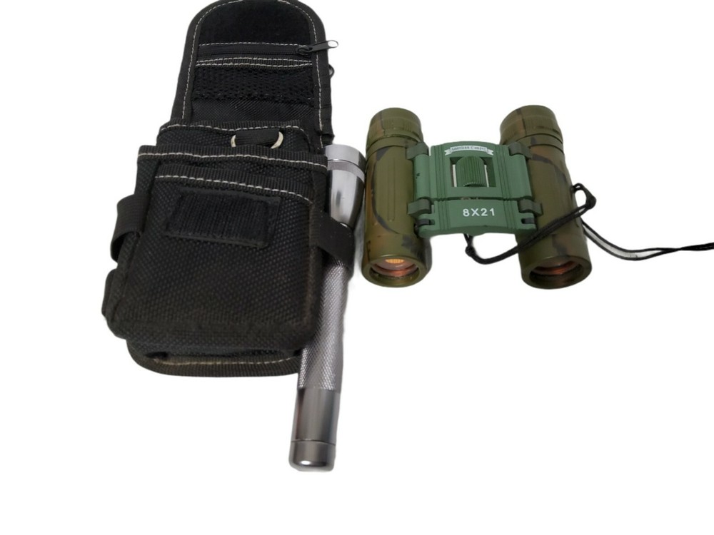 Camping set includes Mini Maglite, 8x21 Rubber Armored Compact Folding Binocular