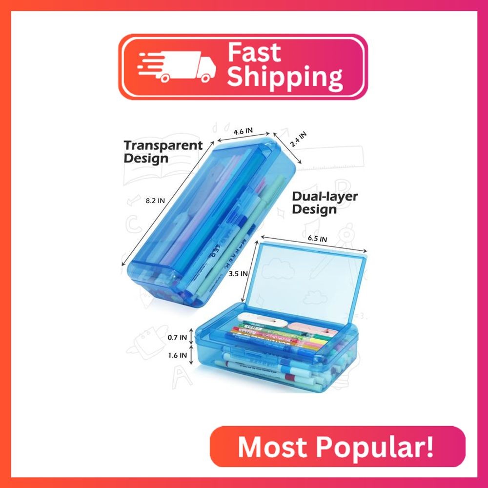 YILANCOL 1 Pack Double Layer Hard Pencil Cases, Plastic Translucent Pencil Box w