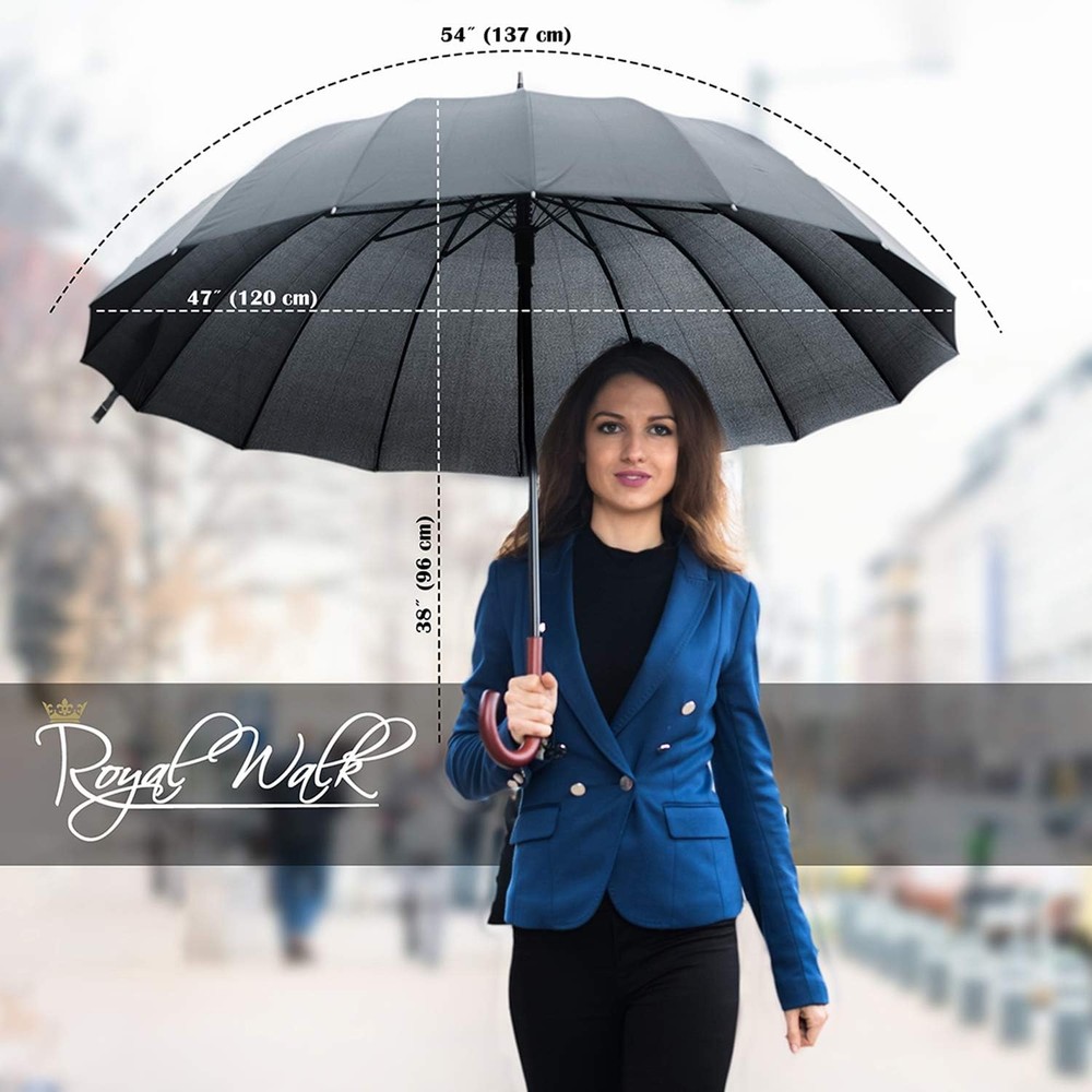 Royal Walk Windproof Large Umbrella for Rain 54 Inch Automatic Open Black