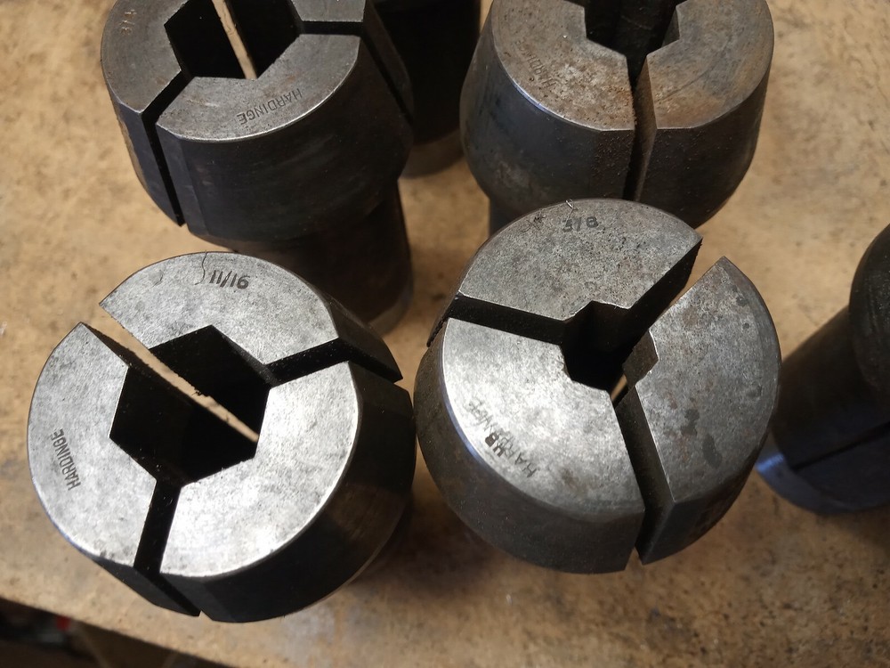 13 Hardinge collets, square, hex with chuck and ect NO THREADS (SEE DESCRIPTION)