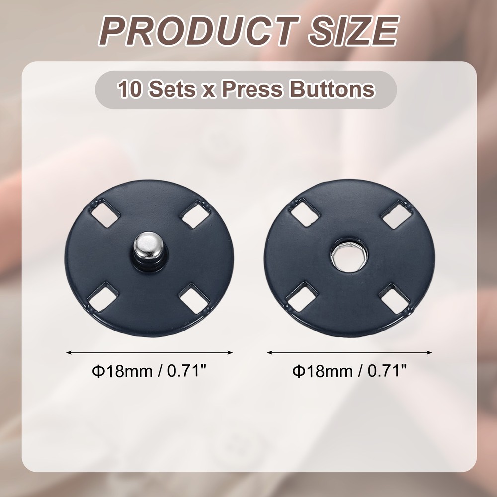 10 Sets Sewing Snap Buttons, Press Buttons Snap Fasteners 18mm, Navy