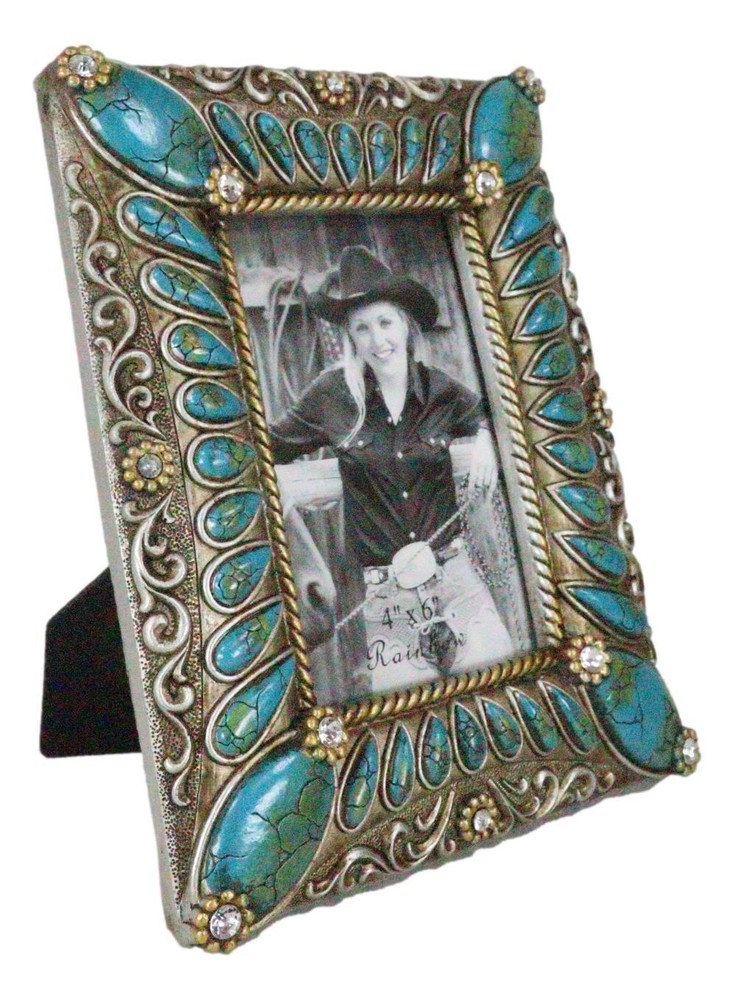 Rustic Western Turquoise Teardrop Gems Scrollwork Patterns 6X4 Picture Frame