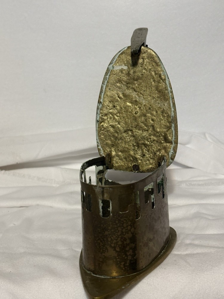 Antique Solid Brass Coal Iron Pottery Handle Dutch Delft White And Blue Handle