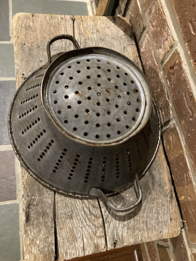 Early Granite Ware Strainer Colander Two Handled Primitive
