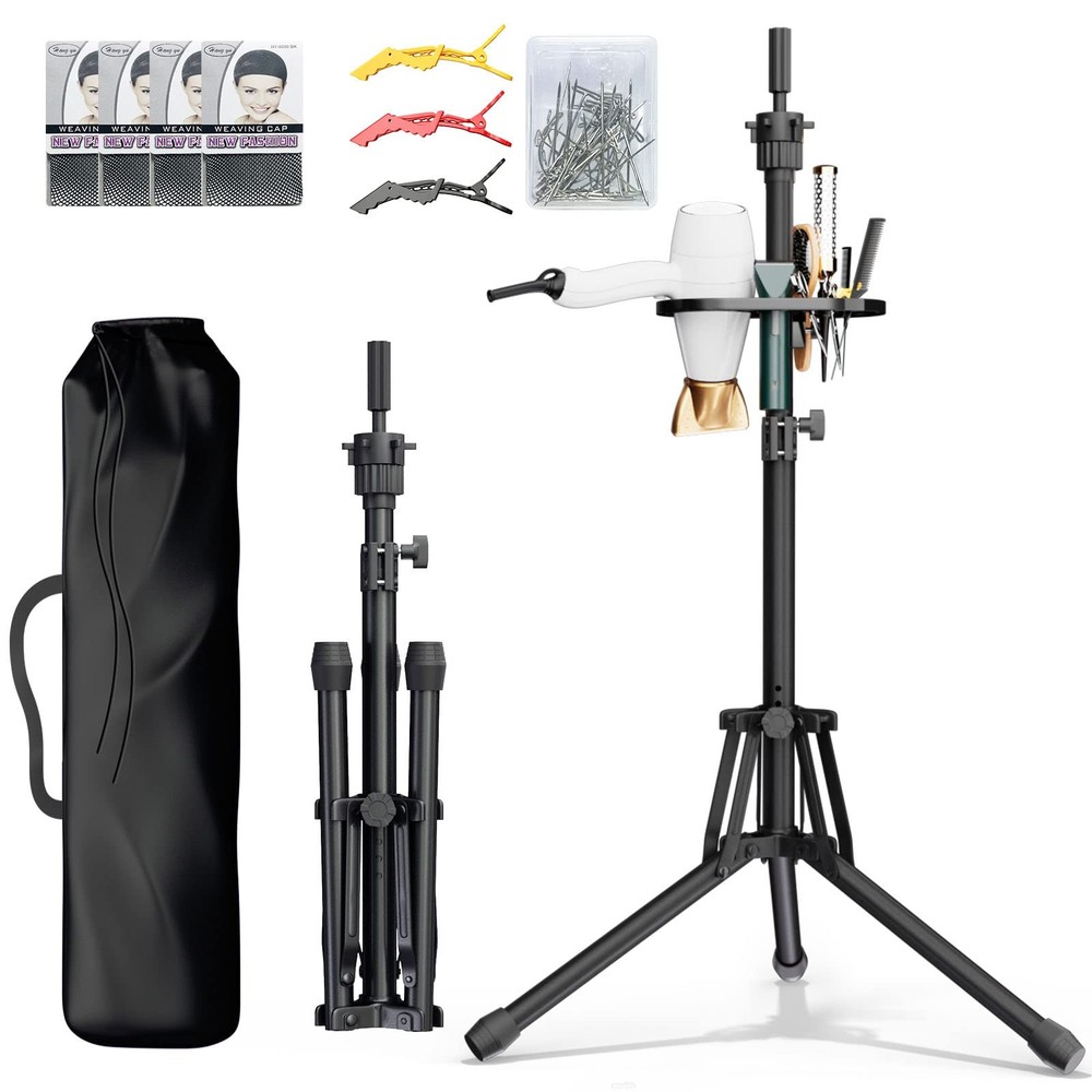 Head Stand Adjustable Height Wig Tripod Stand w/ Tool Tray Foldable
