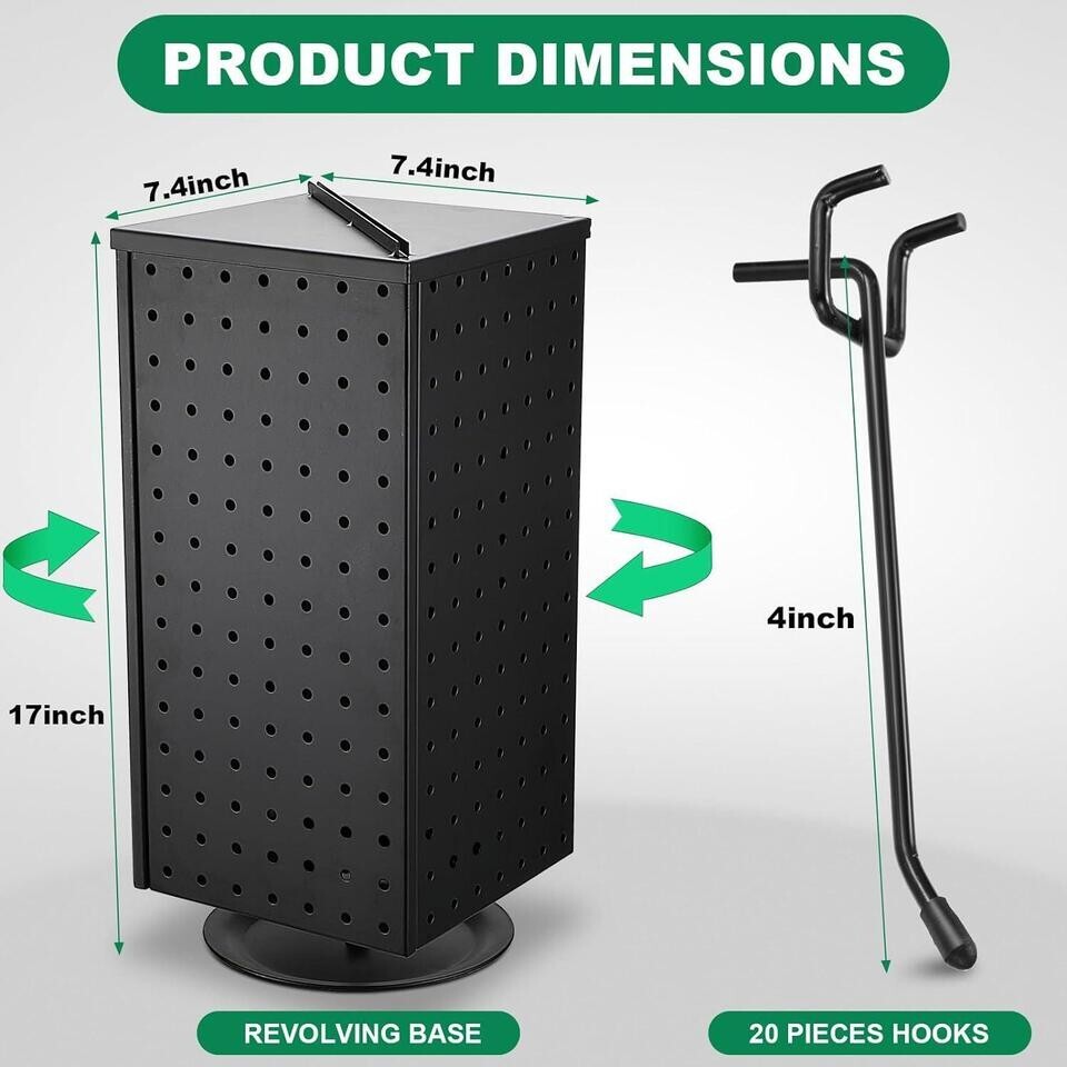 Pegboard Metal Rotating Display Stand With 20 Hooks 4 Sided Spinning Peg Board