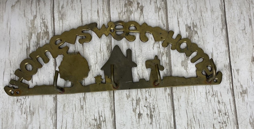 Small Brass House and Tree Key Ring Holder Kitchen Wall Hooks Decor