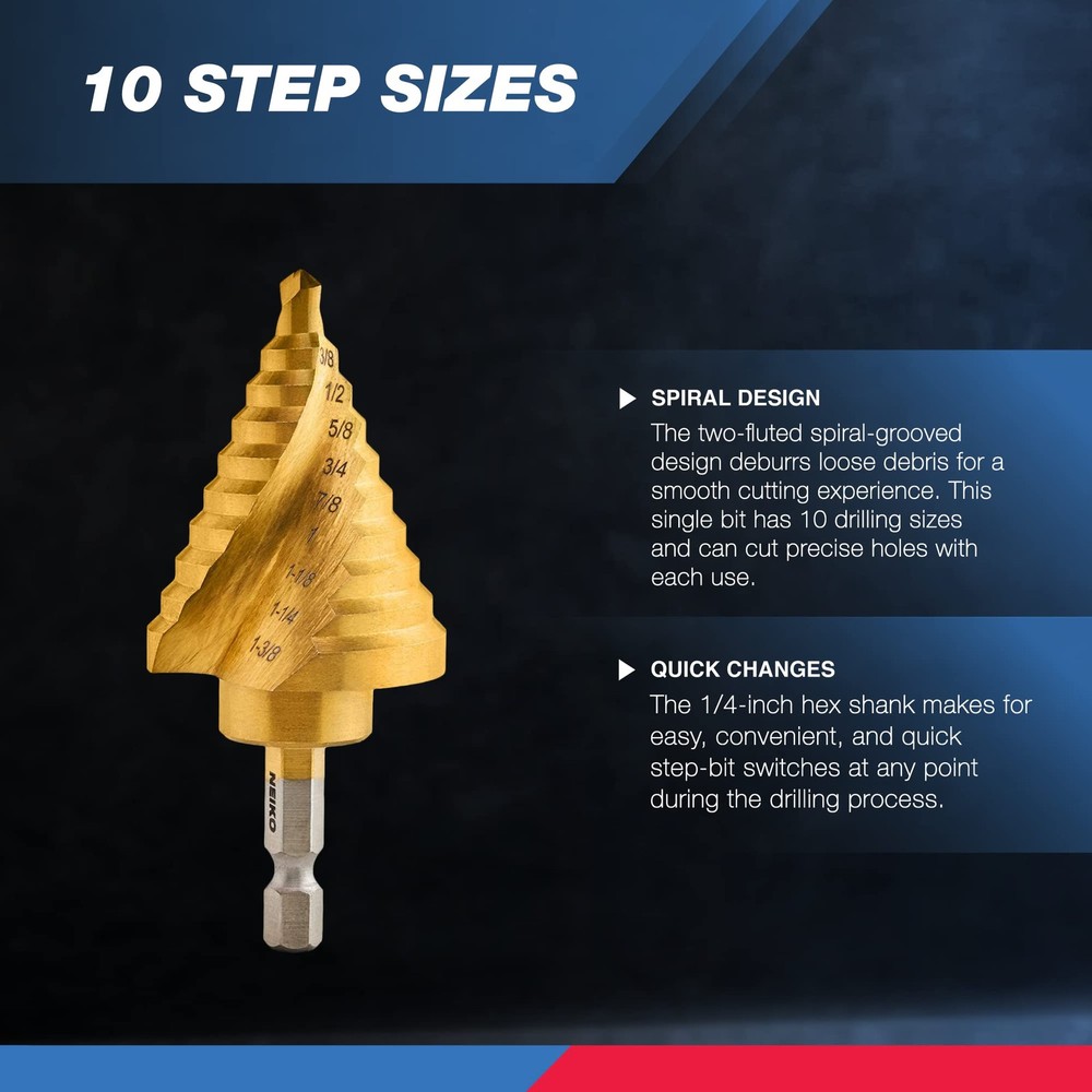NEIKO 10174A Quick Change Spiral Grooved Step Drill Bit 1/4" Hex