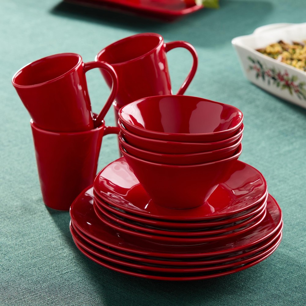 Berry Red Christmas 16pc Dinnerware Set, Stoneware Holiday Tableware Service ...