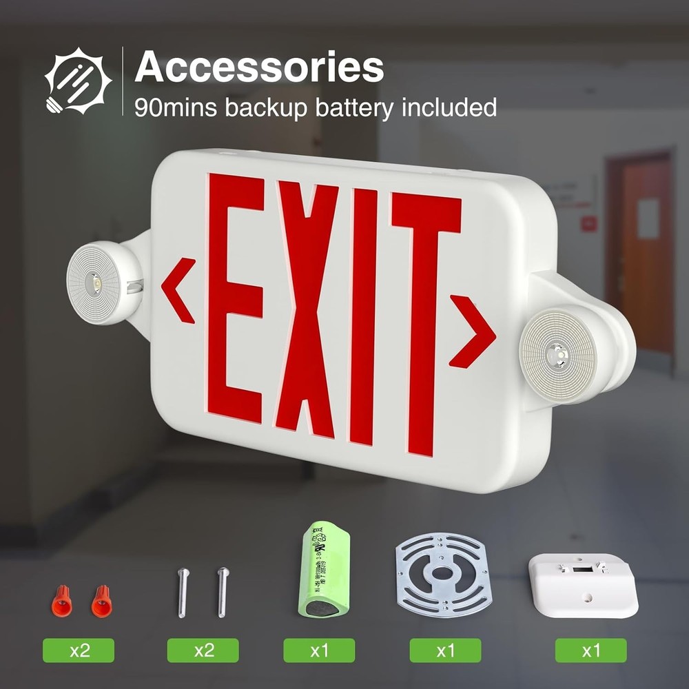 6 Pack Red Exit Signs with Emergency Lights, Two LED Adjustable Head Emergency