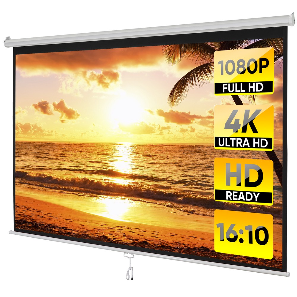 100" Diagonal Projection Screen Manual Pull Down Projector Screen 16:10 HD White