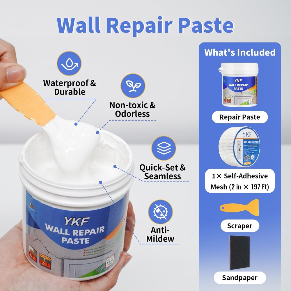 Drywall Repair Kit (18 oz) - Spackle Wall Paste with Scraper & White