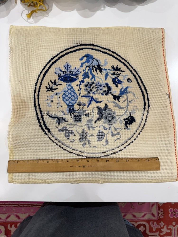 Vintage Needlepoint Tapestry Canvas - Delft Blue Floral Design - started
