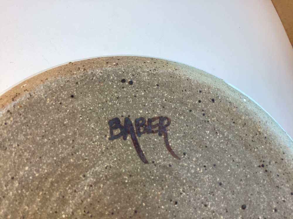 Hand Thrown Pottery 36 oz. Pitcher, Etched Design, Signed Baber