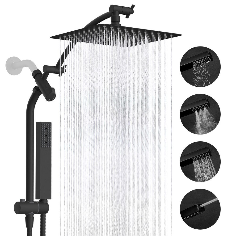 High Pressure Rainfall Shower Head Combo with Slide Bar Adjustable Height Black