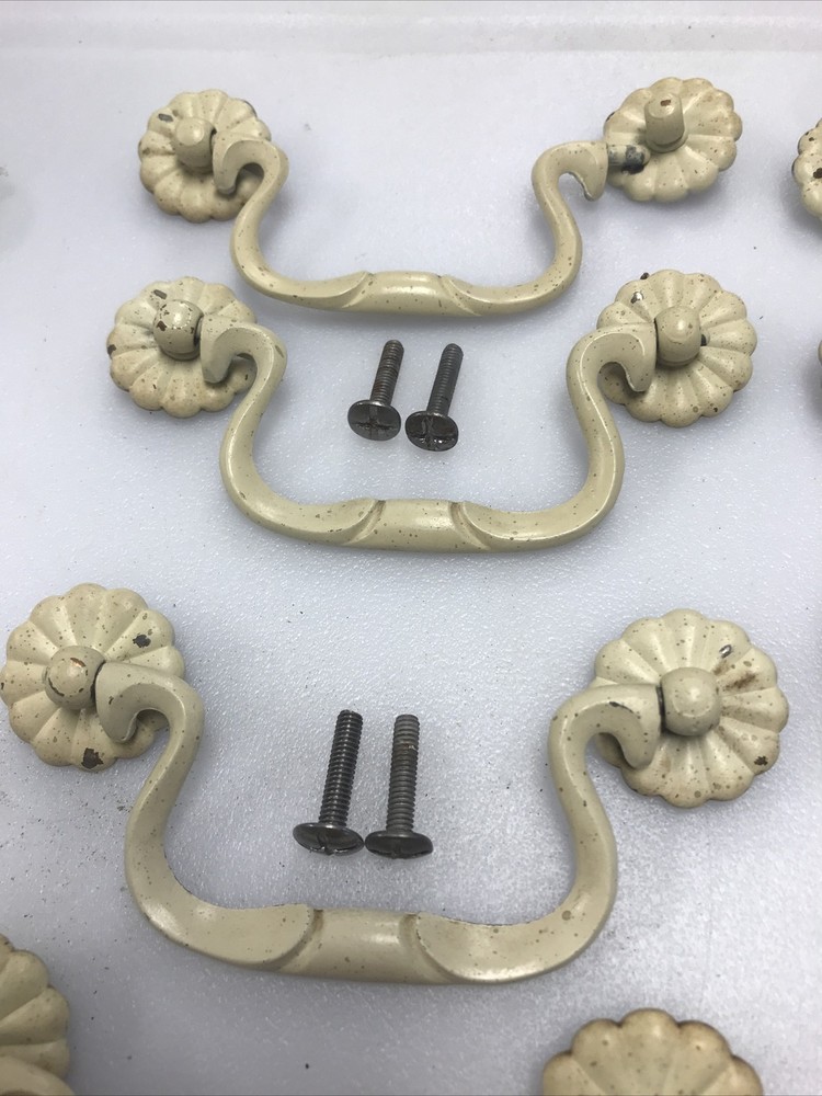 10 Antq Orig White Painted Metal Drop Handles Rosettes Drawer Pulls + 2 Knobs