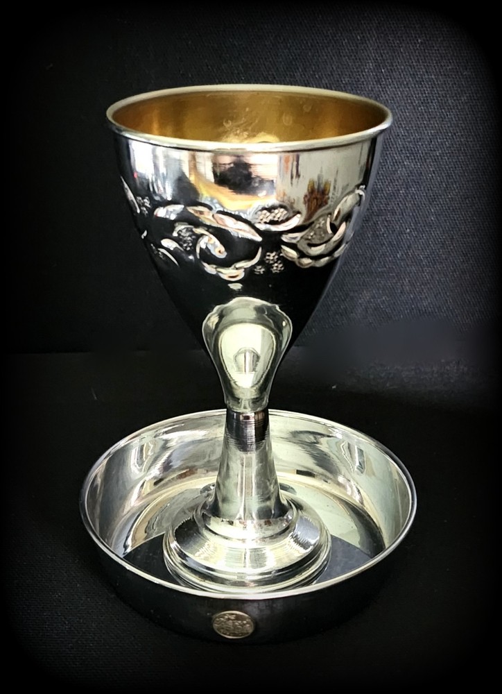 Silver-plated Kiddush cup with matching plate and small pitcher, gilded cup int.