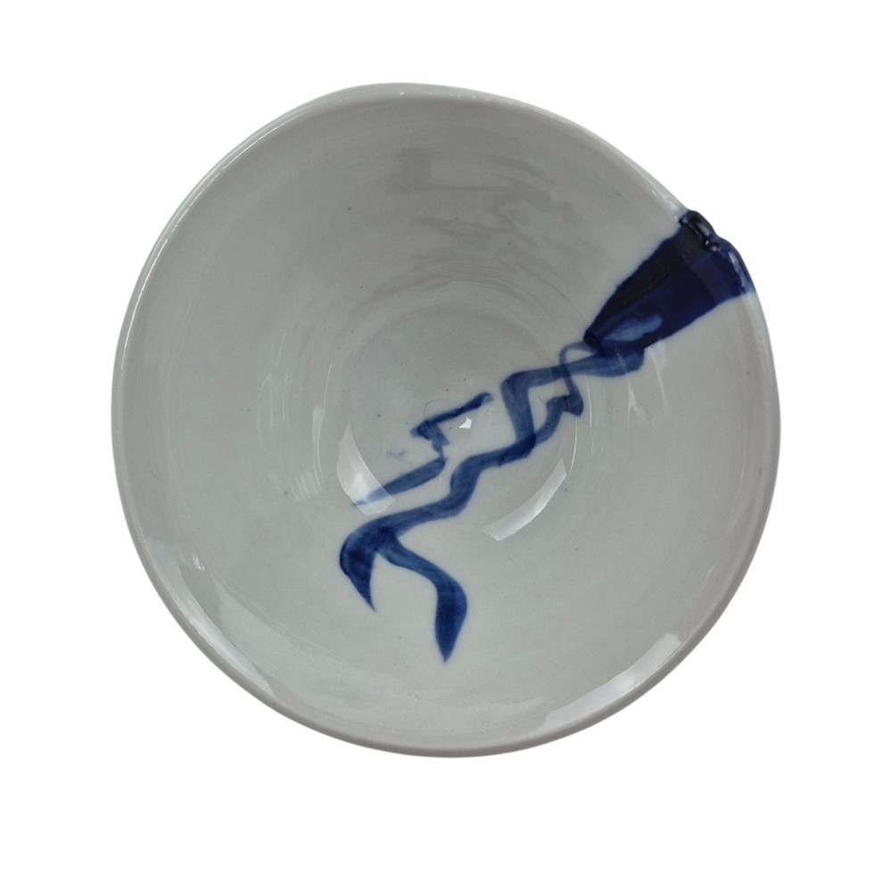 Studio Pottery Bowl Abstract Blue Drip Glaze Footed Base Organic Form Signed