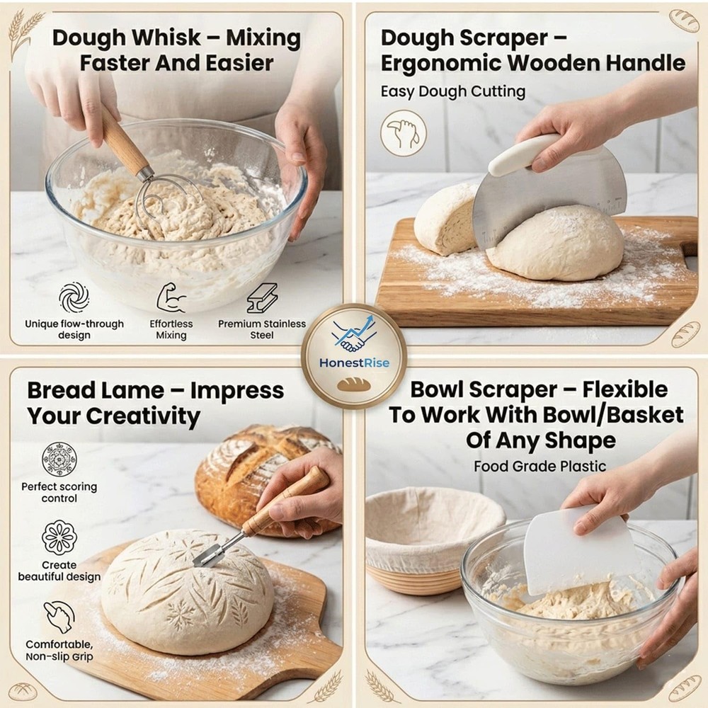 Sourdough Starter Kit: 9" Banneton Basket, Jar & Bread Making Tools Set