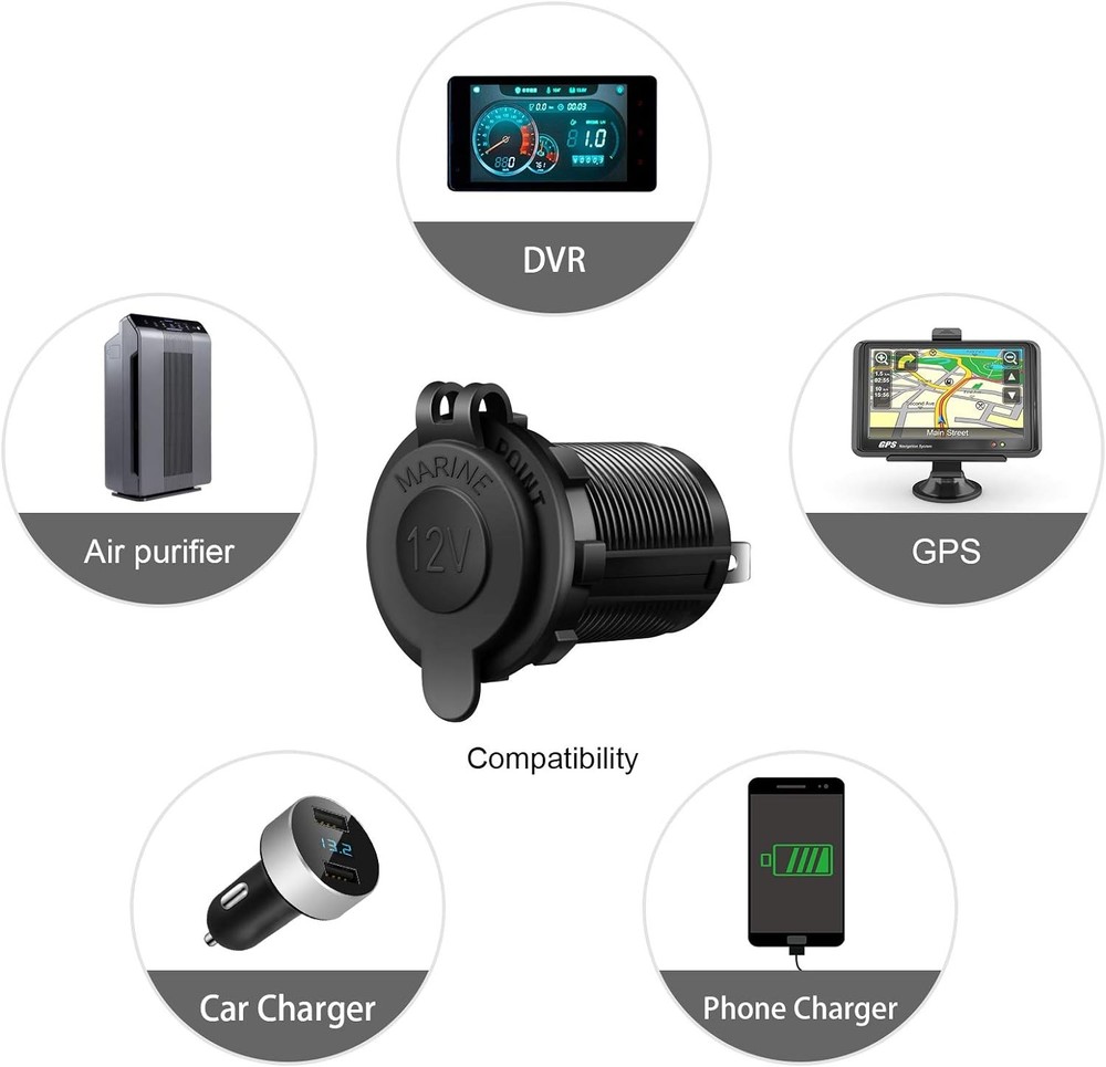Cigarette Lighter Socket Car Marine Motorcycle ATV RV Black